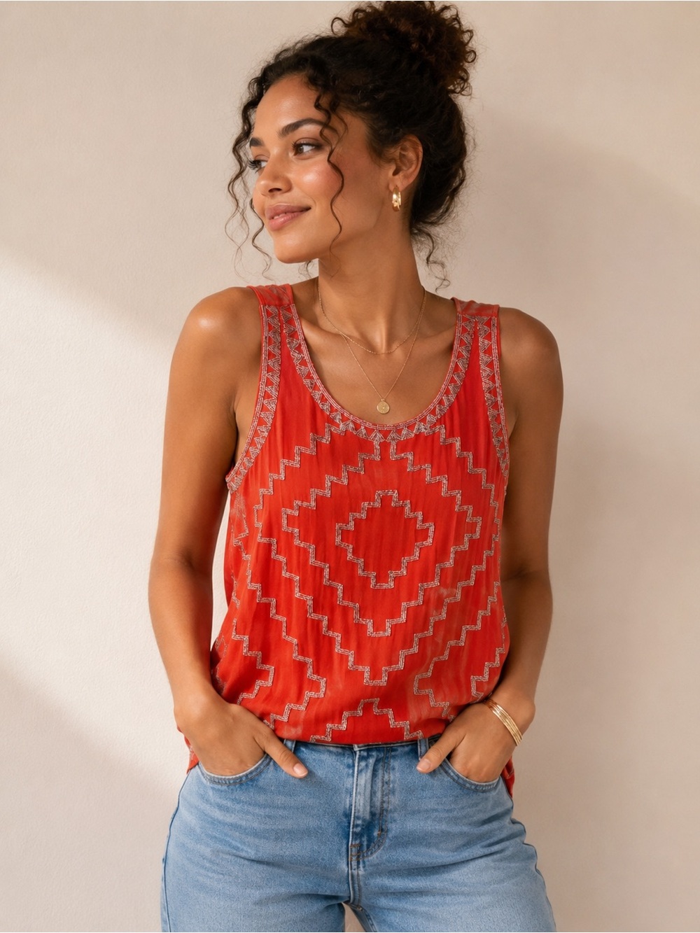 525 America Coral Beaded Silk Sleeveless Blouse Size L